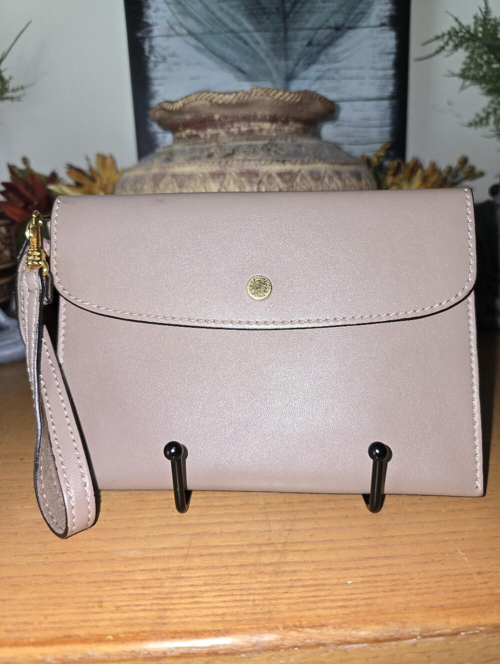 Stella McCartney Taupe Nude Vegan Leather Envelope Snap Wristlet Clutch EUC